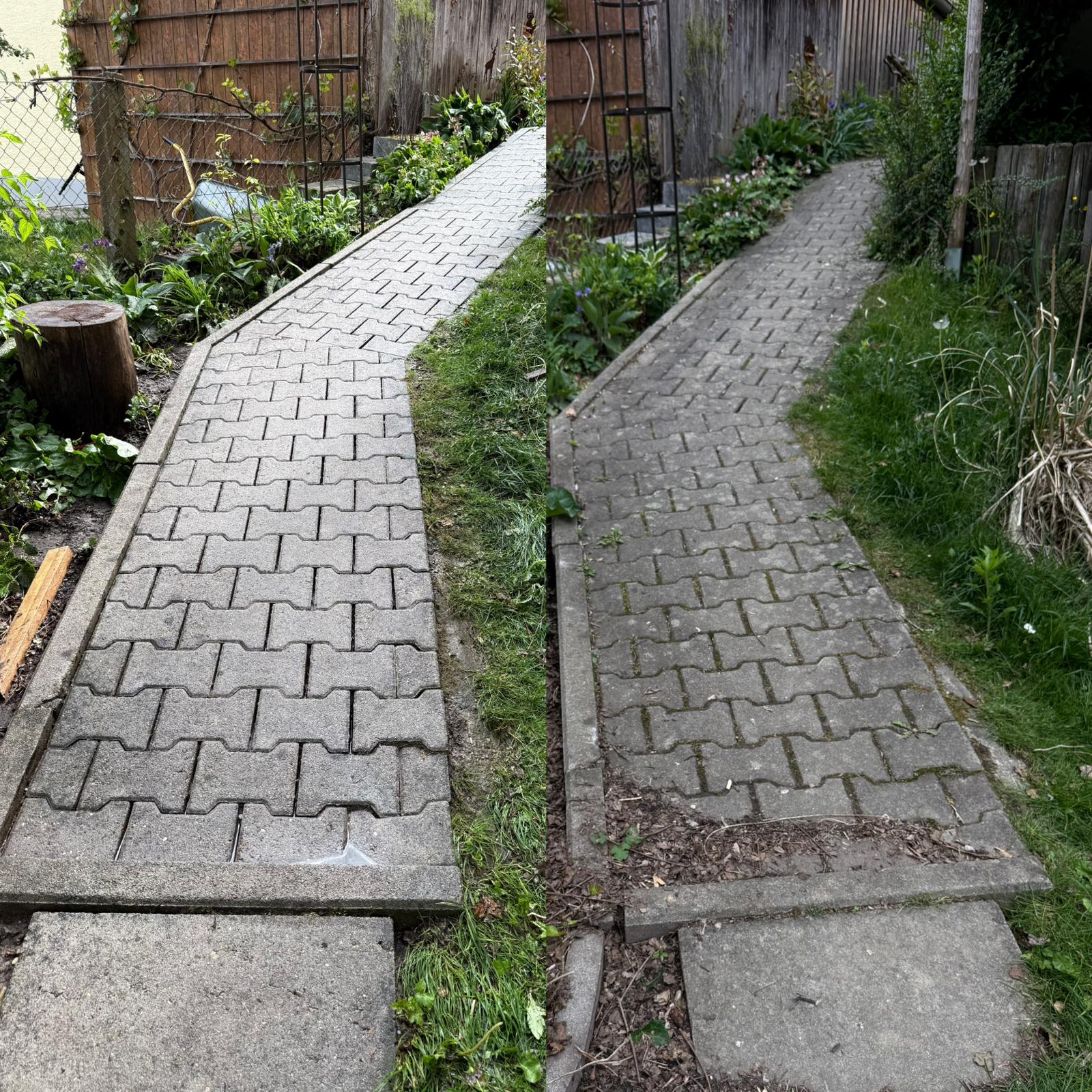 Gartenweg aus Pflaster vorher und nachher, Moos und Grünbelag entfernt